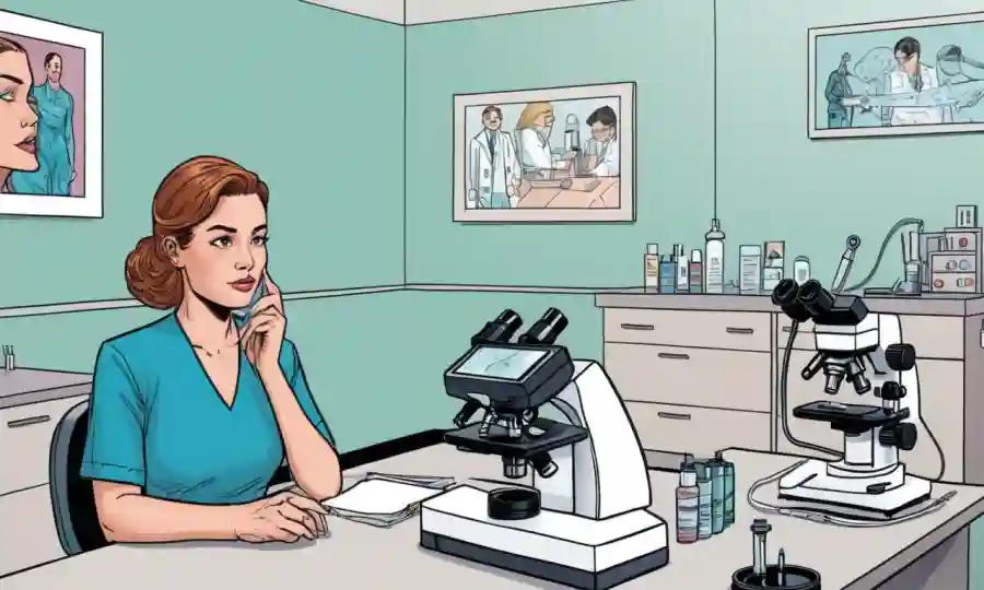 Una persona mirando a un dermatólogo en una sala de examen con microscopio cercano para el tratamiento de la piel.