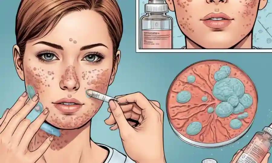 Una persona que aplica medicamentos a su piel, con diagramas dermatológicos y opciones de tratamiento.