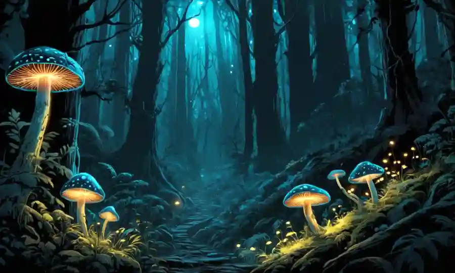 Shimmering bioluminescent hongos en un bosque oscuro o brillante.