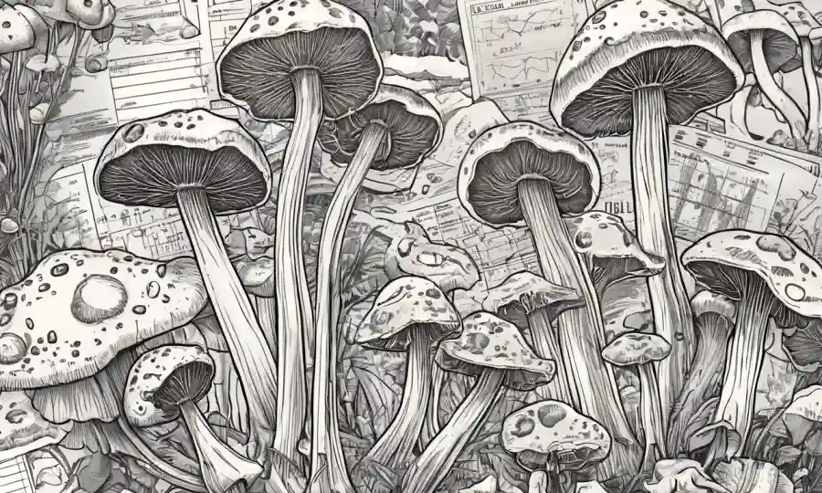 Una imagen magnificada de hongos brillantes rodeados de gráficos científicos y conclusiones.