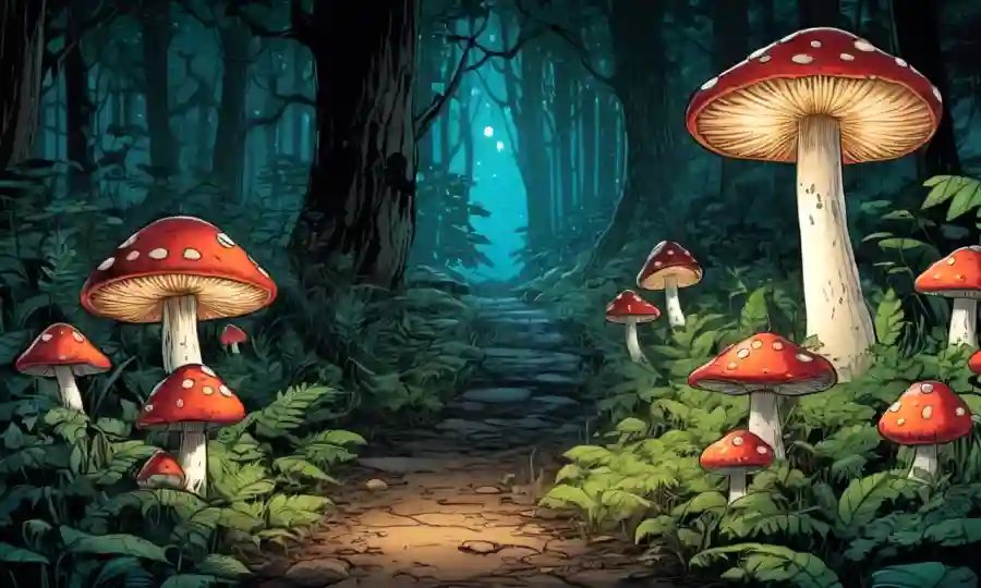 Setas iluminadas creciendo en un bosque rodeado de vegetación.