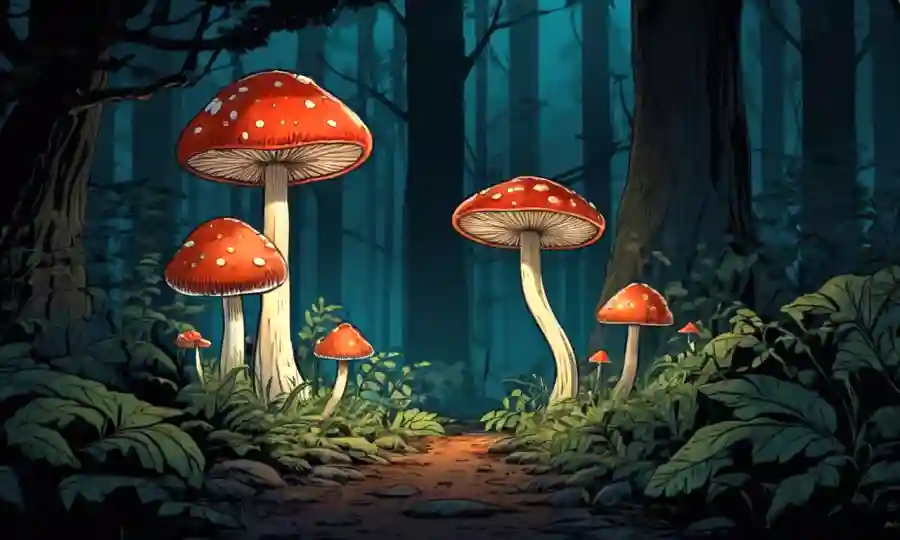 Glowing hongos en los bosques oscuros con información e ilustraciones.