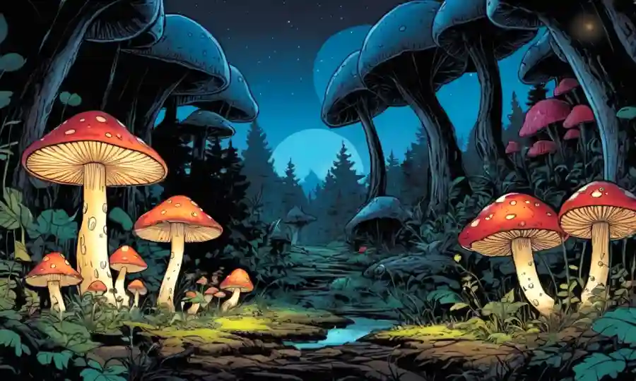 Ilustraciones de hongos brillantes en diferentes ambientes con un fondo que parece una guía de campo.