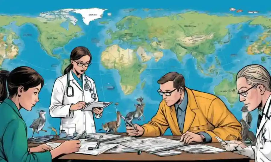 Una ilustración de profesionales de la salud monitoreando animales y datos, con antecedentes de mapas globales.