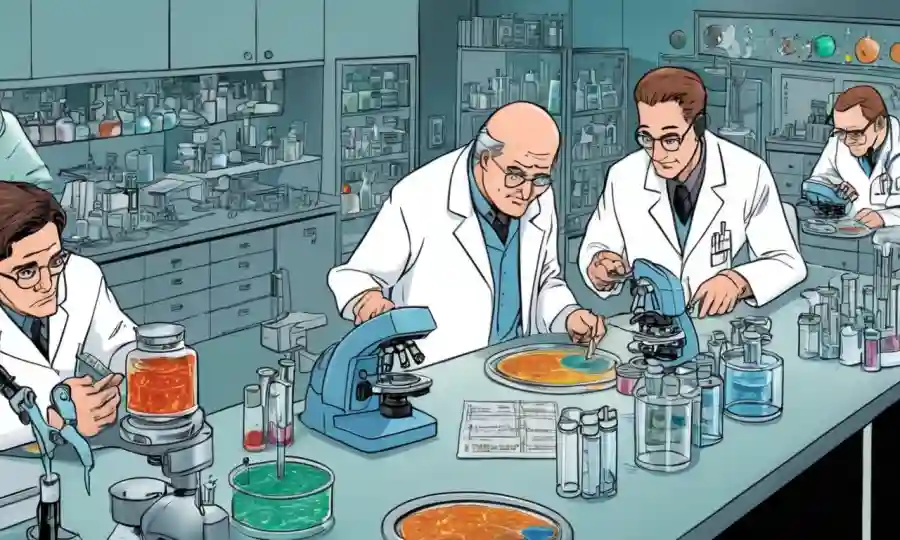 Científicos que examinan los platos petri en un laboratorio con diversos microscopios y documentos de investigación.