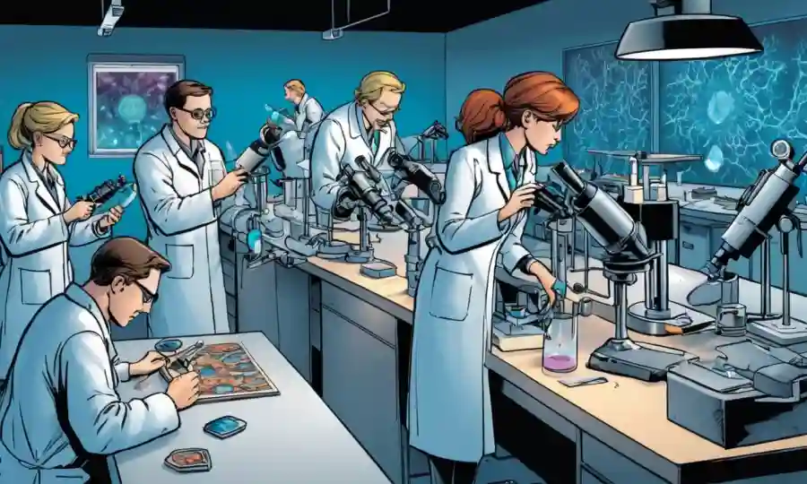Técnicos de laboratorio científicos siguiendo las directrices en los bancos de trabajo examinando muestras bajo microscopios.