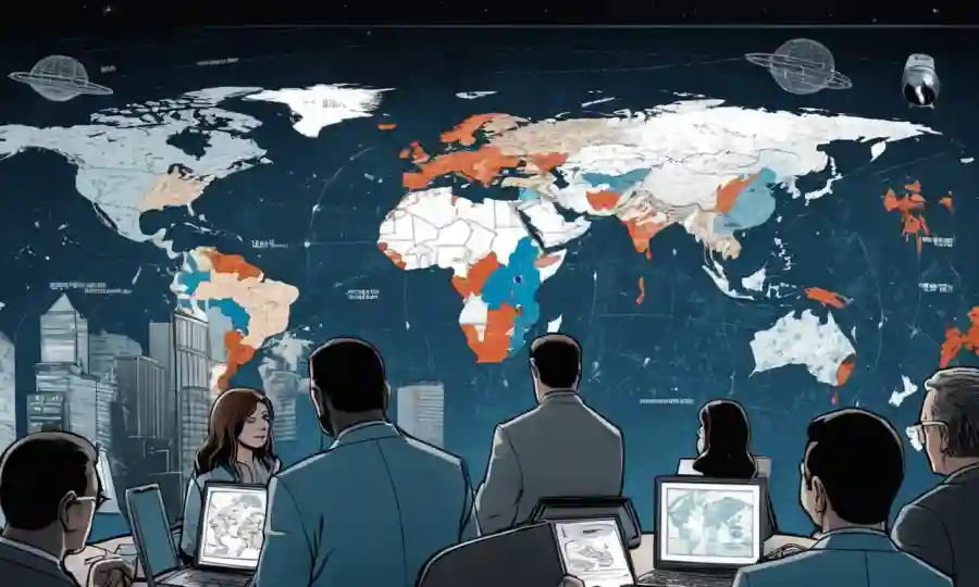 Funcionarios mundiales que examinan las directrices internacionales contra las pandemias en medio de gráficos y mapas.