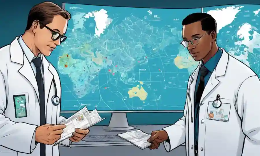 Un mapa mundial de salud con símbolos de la OMS y personas en capas de laboratorio revisando datos.