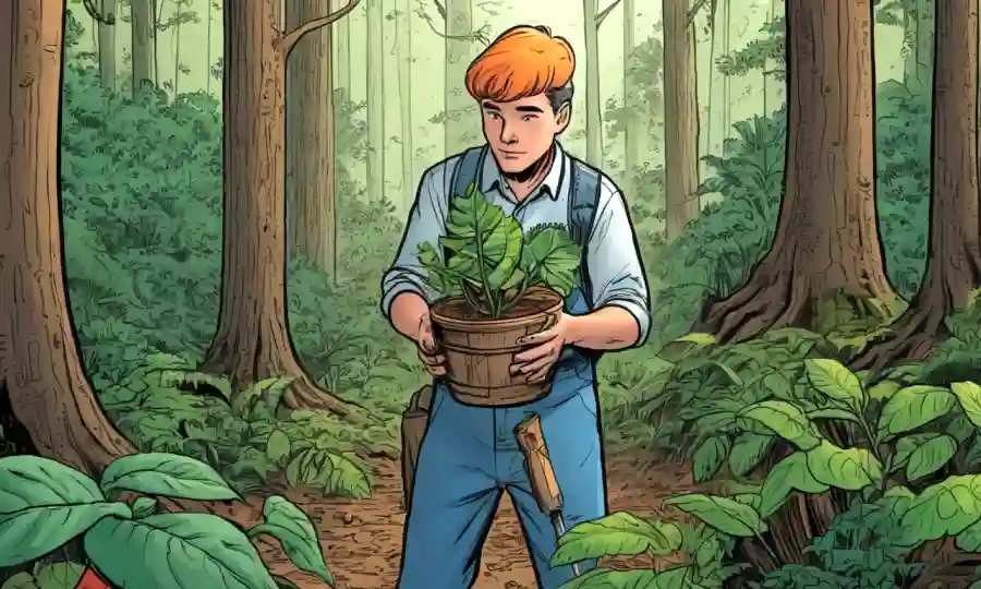 Un botánico coleccionando cuidadosamente especímenes de plantas en un bosque.