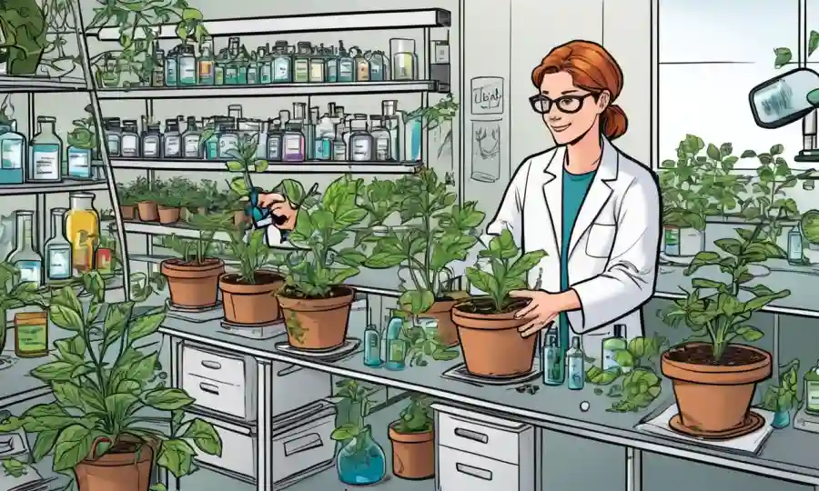 Un experto botánico etiquetando y organizando especímenes de plantas en un entorno de laboratorio.