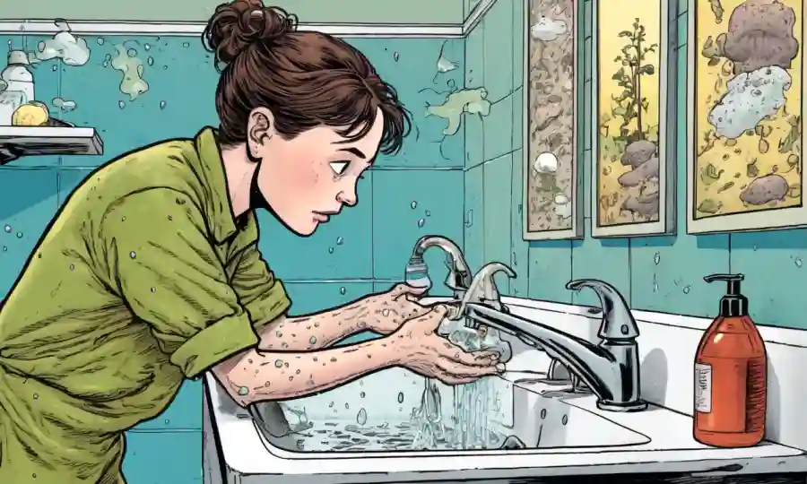 Una persona lavando las manos en el fregadero con jabón y agua, rodeado de imágenes de infecciones fúngicas.