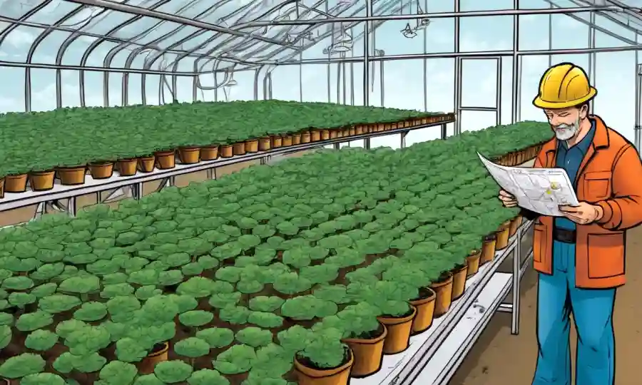 Agricultor comprueba el cultivo de la espora en invernadero con gráficos y diagramas.