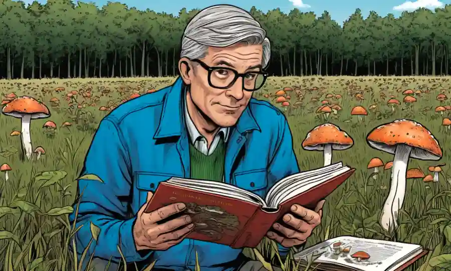 Botanista examinando setas tóxicas raras en un libro guía de campo.