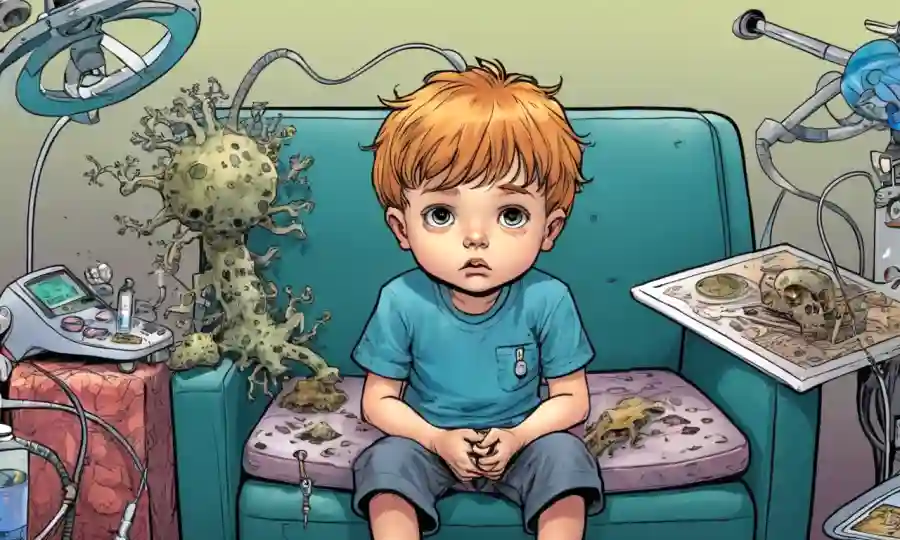 Niño sentado en el sofá con aspecto preocupado, rodeado de equipo médico e ilustraciones de hongos.