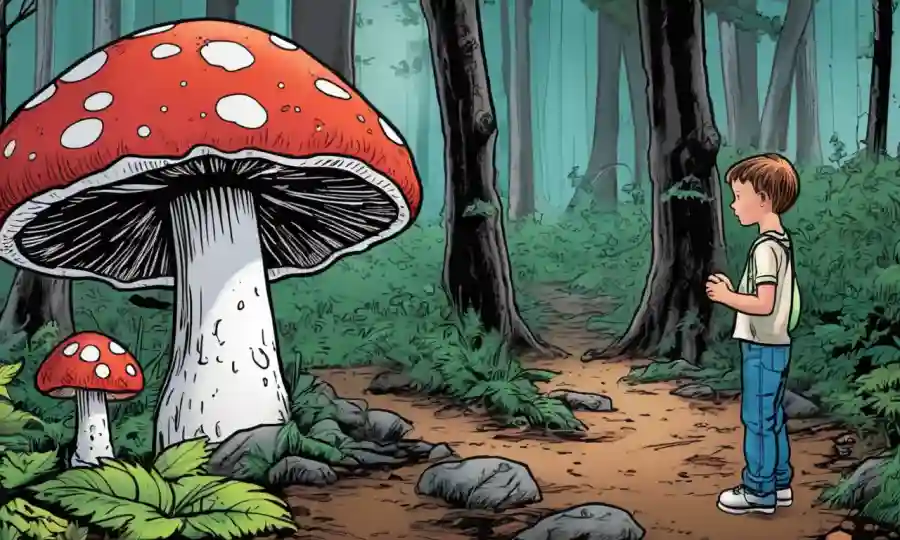 Adulto que sostiene a un niño mientras examina los hongos venenosos en el bosque.