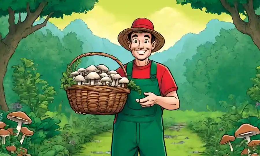 Home jardinero con una canasta de hongos en medio de un exuberante fondo verde.