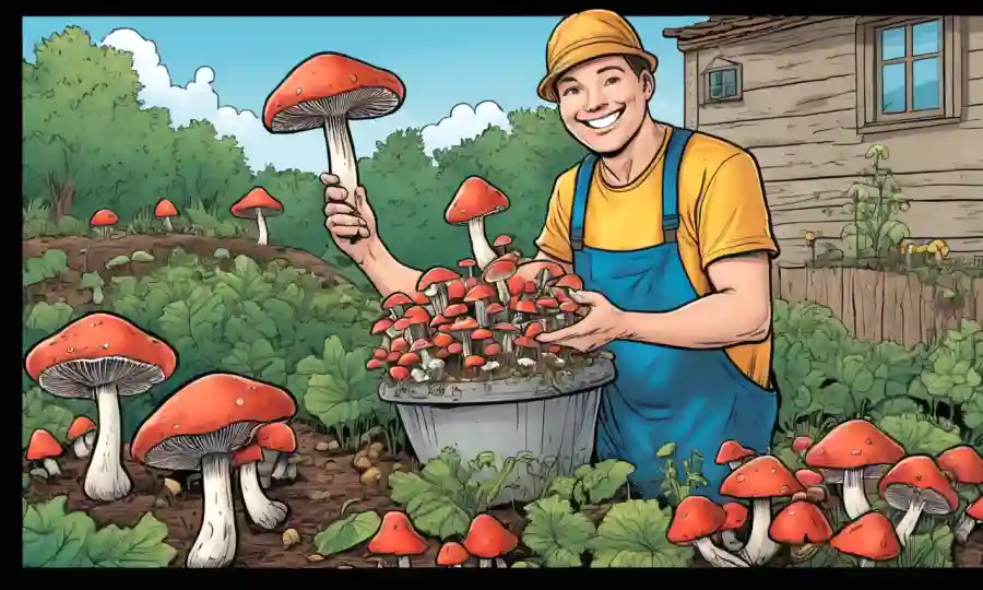 Una persona feliz sosteniendo setas delante de una configuración de cultivo casera, con sobreposición de texto.