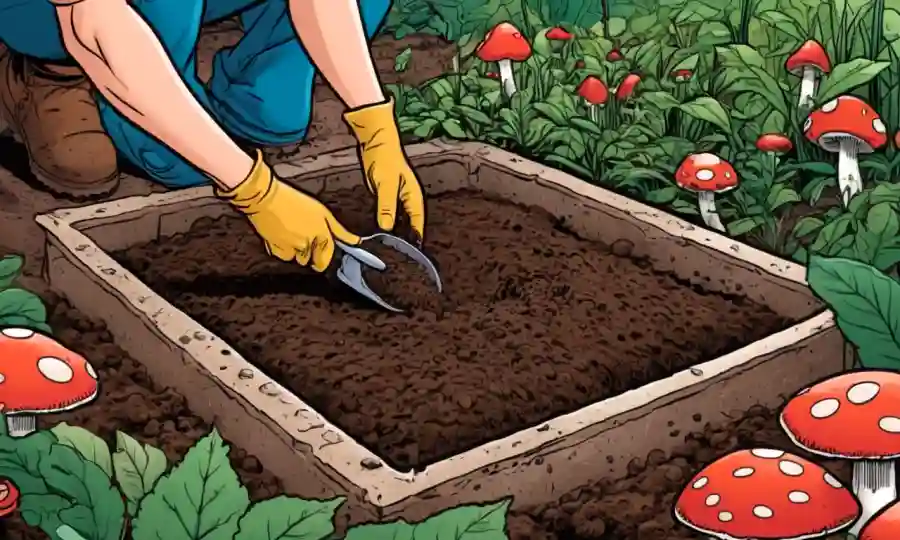 Manos que preparan el suelo para el cultivo de hongos en un hogar.