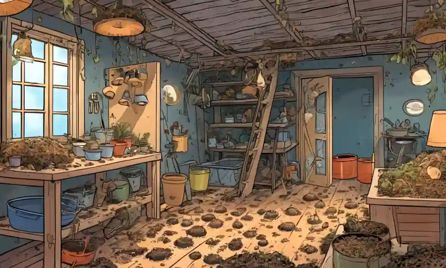 Una acogedora habitación llena de esporas de hongos, compost y equipo, con flechas y pasos que guían el cultivo de la casa.