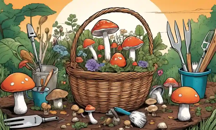 Persona con guantes que sostiene una cesta de setas rodeada de herramientas de jardinería.