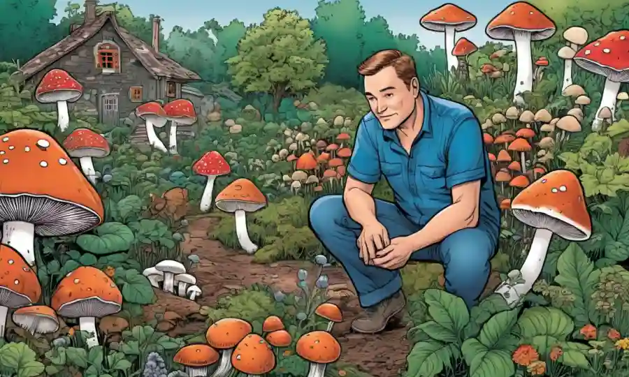 Un entusiasta de jardinería rodeado de una variedad de especies de hongos cultivadas en casa.