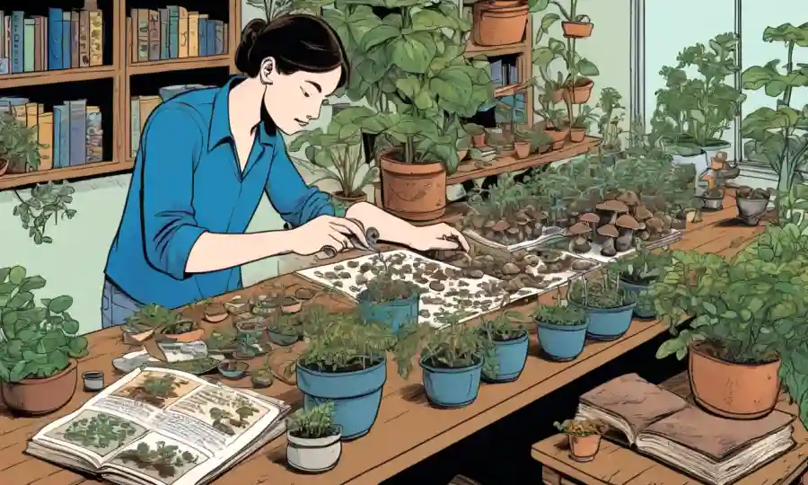 Una persona que organiza materiales de cultivo de hongos en una mesa, rodeada de libros y plantas.