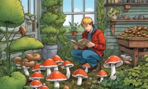 Alguien inspeccionando hongos perfectamente cultivados en un acogedor jardín casero.