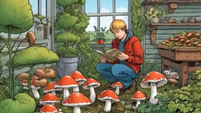 Alguien inspeccionando hongos perfectamente cultivados en un acogedor jardín casero.