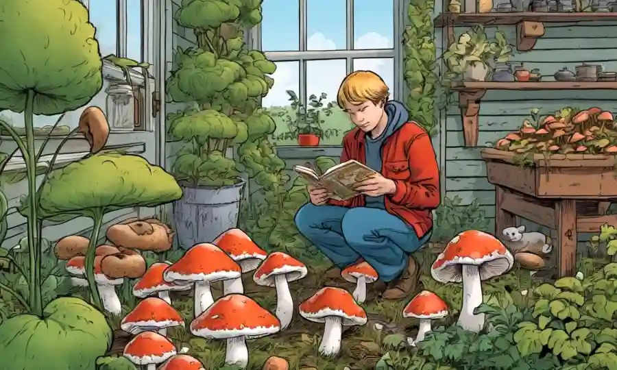 Alguien inspeccionando hongos perfectamente cultivados en un acogedor jardín casero.