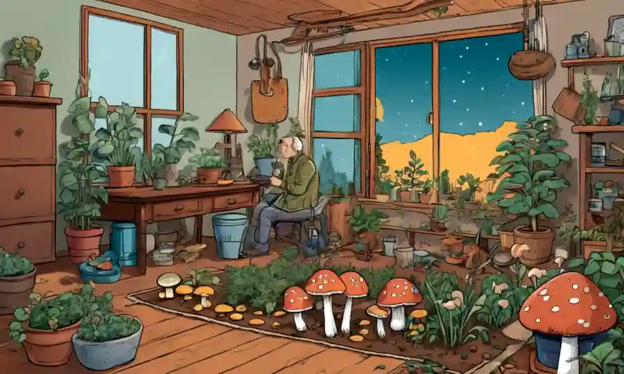 Persona conteniendo varias especies de hongos y herramientas de jardinería en una habitación cálida y acogedora.