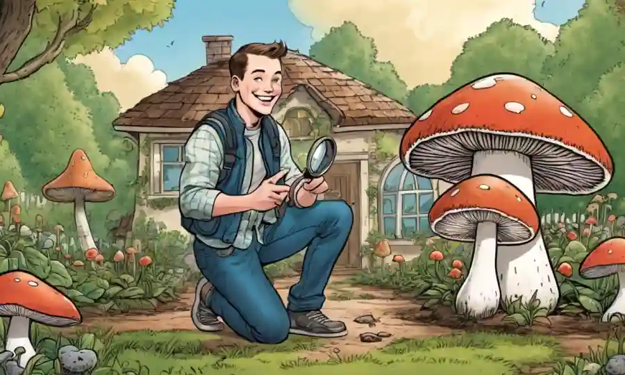 Una persona arrodillada junto a un jardín lleno de hongos, sosteniendo una lupa y sonriendo, con un fondo casero.