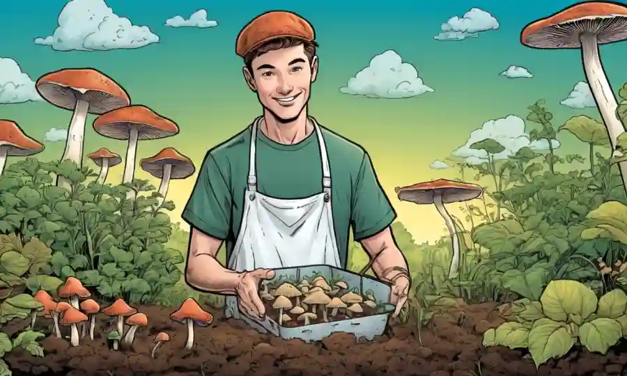 Una persona que sostiene un kit de cultivo de hongos, con ingredientes orgánicos y instrucciones fáciles de seguir.