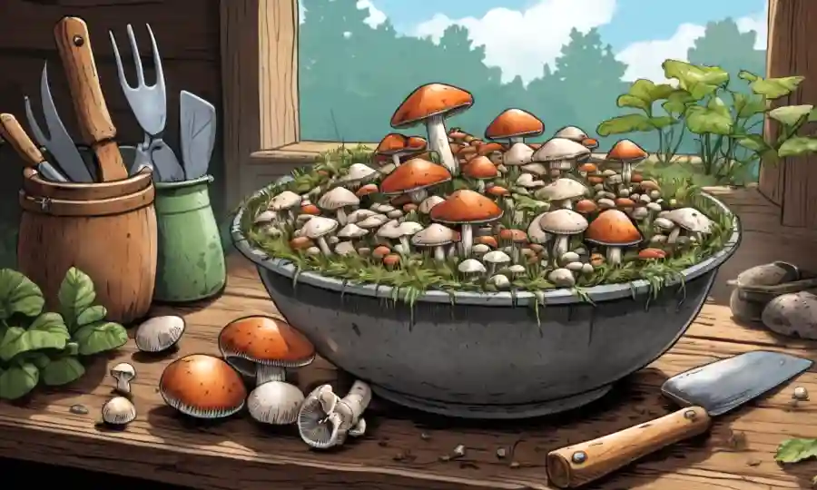 Tazón de setas limpias en una mesa de madera rústica, rodeada de setas frescas y herramientas de jardinería.