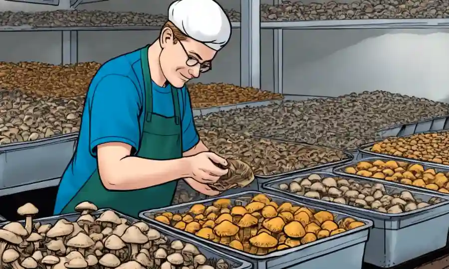 Una persona que almacena cuidadosamente hongos frescos en contenedores o bolsas.