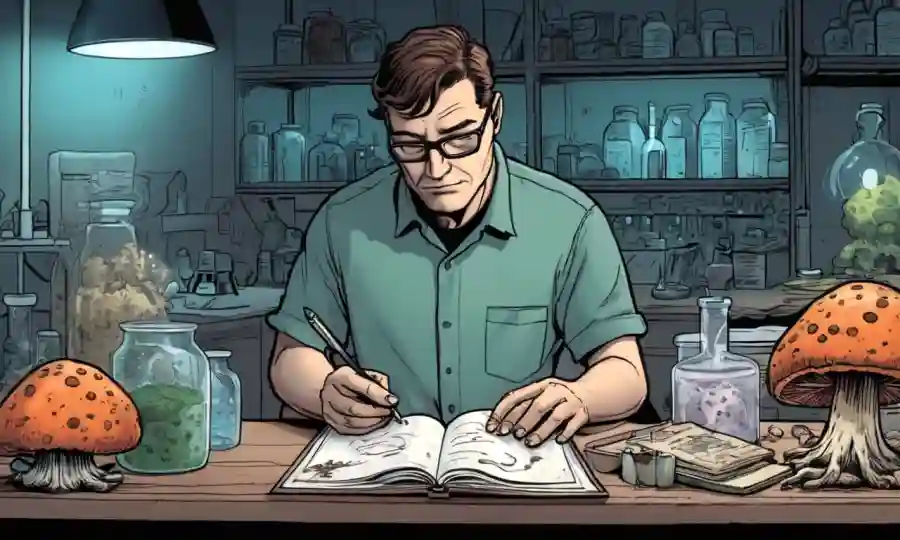 Un micólogo escribiendo notas en un libro de laboratorio con culturas fúngicas en escritorios.