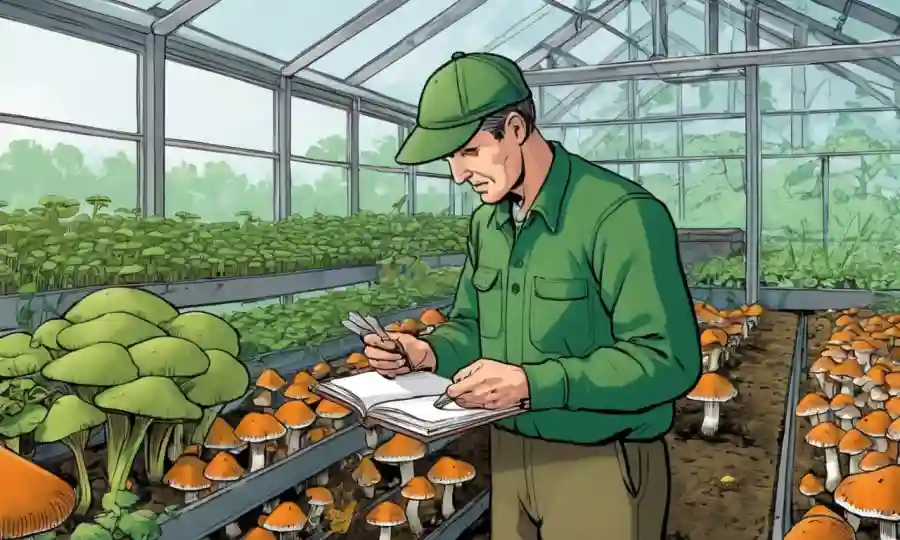 Agricultor examinando setas en una casa verde
