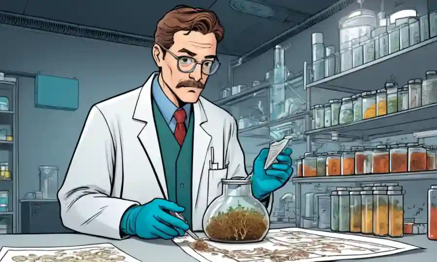 Científico que examina el crecimiento de hongos en contenedores de laboratorio con notas y diagramas.