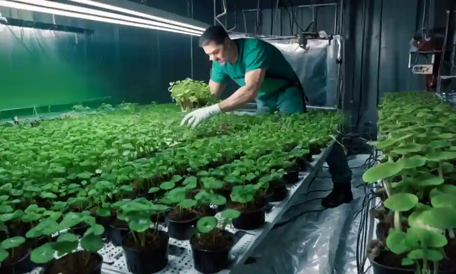 Una persona que tiende a las plantas de hongos en una instalación hidropónica.