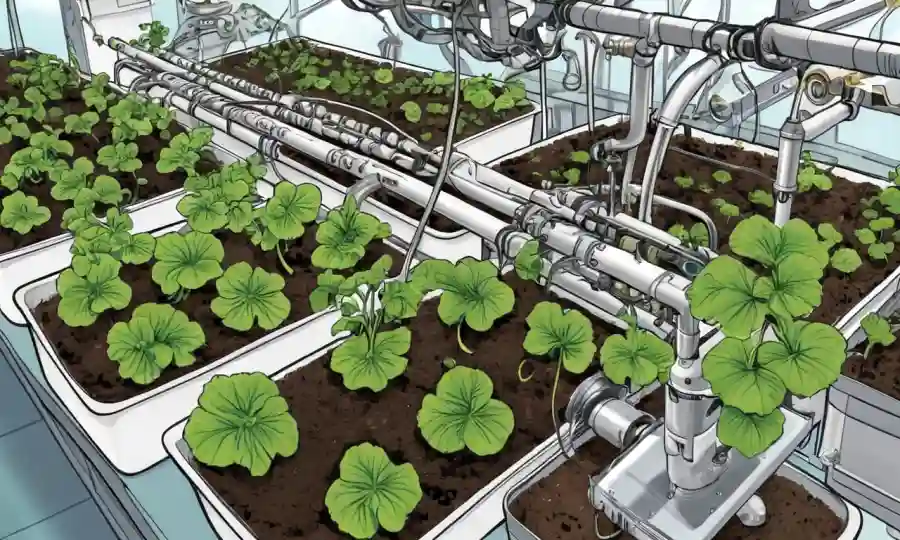 Equipo hidropónico y brotes de hongos creciendo en medio de plantas e materiales de instrucción.