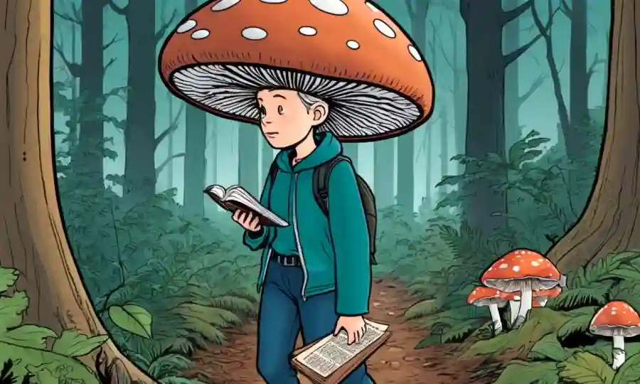 Una persona que recoge cuidadosamente hongos en el bosque mientras sigue una guía.