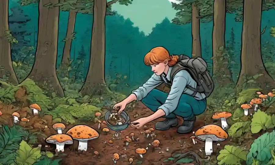 Una persona que recoge suavemente hongos del suelo forestal
