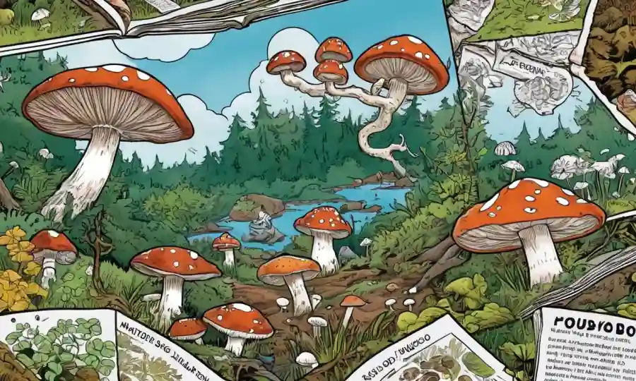 Una escena natural con una persona que colecciona setas responsablemente, rodeada de páginas de guía de hongos.