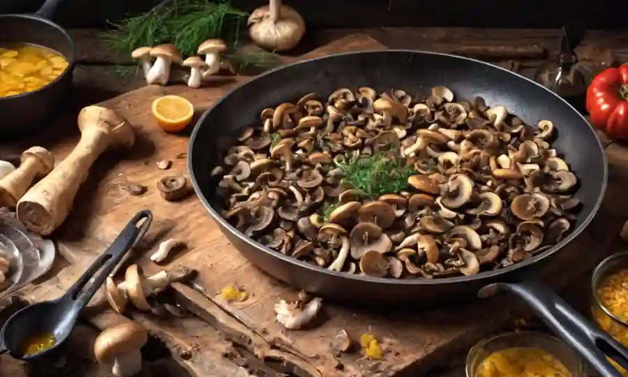 Setas recién cosechadas siendo saltadas en una sartén con varios ingredientes en una mesa rústica.