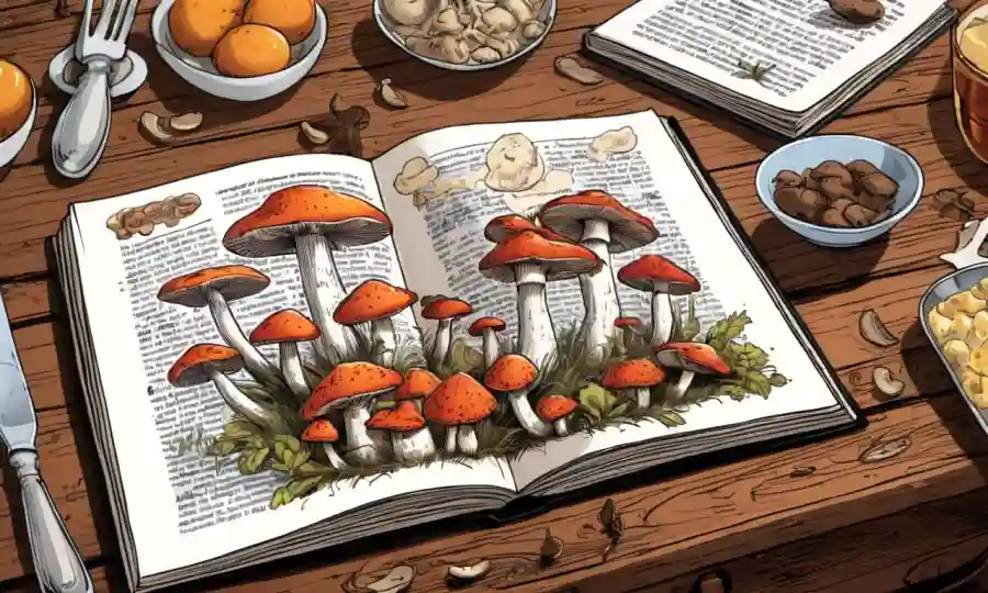 Setas reunidas en una mesa de madera con utensilios y libro de recetas.