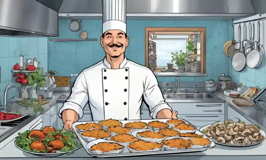 Un chef con un plato de platos de hongos frescos en un ambiente de cocina.