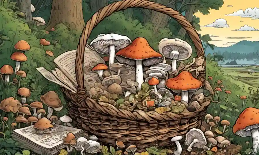 Una canasta rebosante con varios tipos de hongos rodeados de notas y un forager satisfecho.