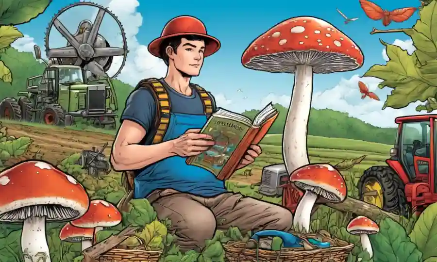 Una persona con una guía de hongos, rodeada de equipos de cosecha y elementos naturales.