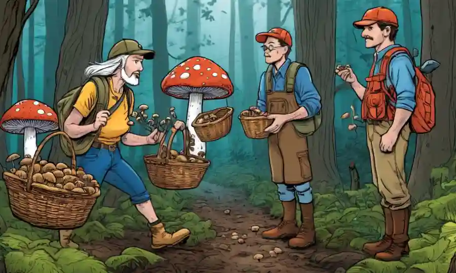 Un grupo de entusiastas de hongos en el bosque