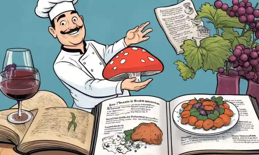 Un chef que sostiene un hongo frente a un libro de cocina, rodeado de notas nutricionales y vino.