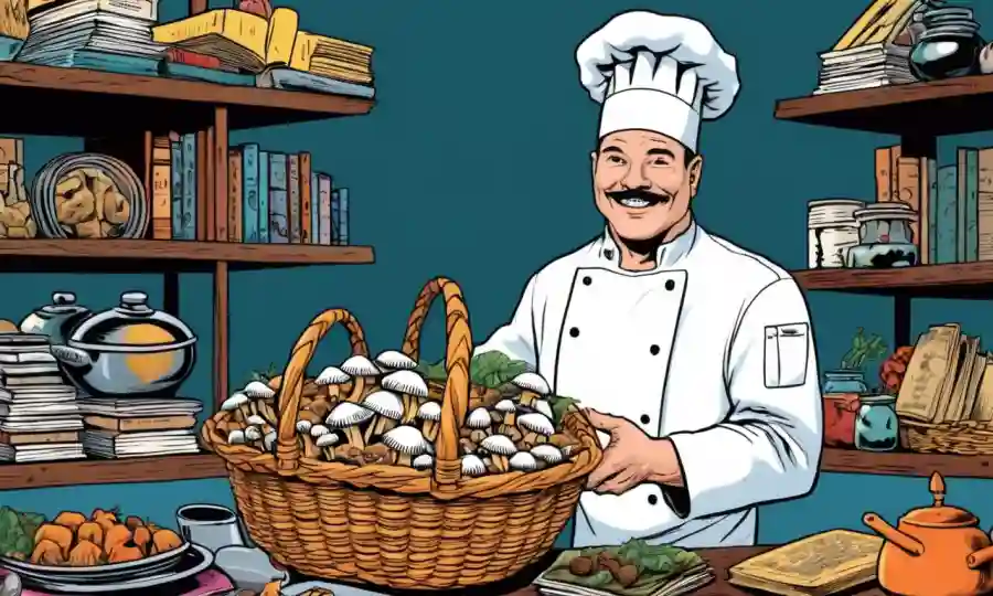 Un chef con una canasta de hongos frescos rodeado de cocineros y utensilios.
